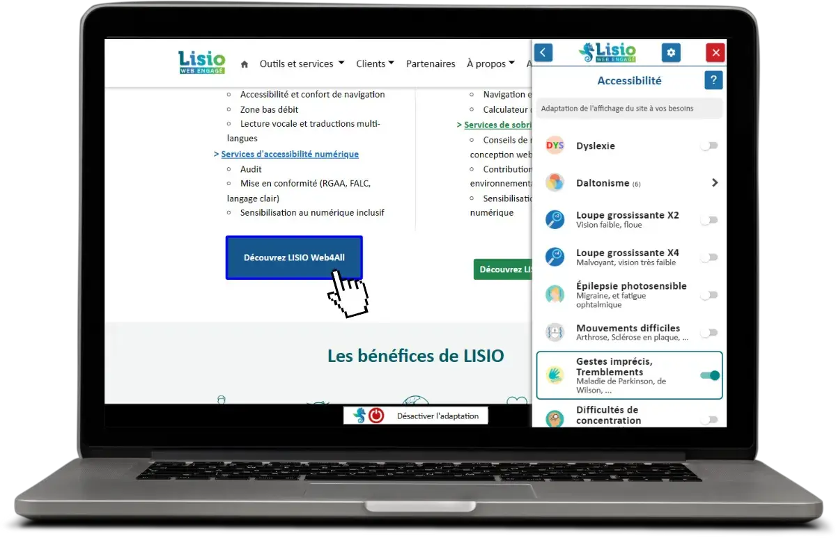 Adaptation d'un site web avec la fonctionnalité LISIO "Gestes imprécis"